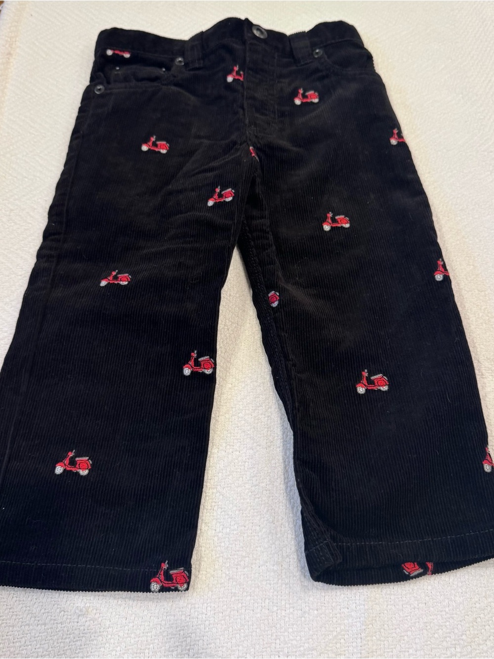 Hartstrings Black Corduroy Pants with Red Scooter Embroidery
